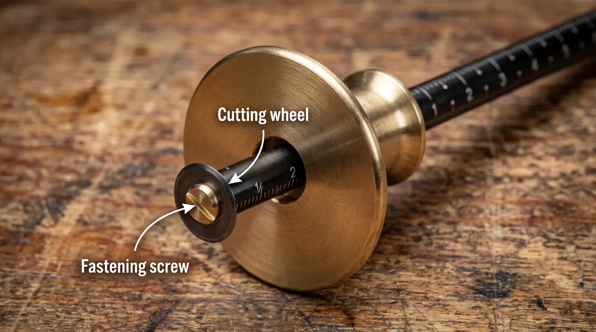 Close-up of a brass wheel marking gauge showing the hardened steel cutting wheel and fastening screw, with a graduated beam extending from the round brass fence.