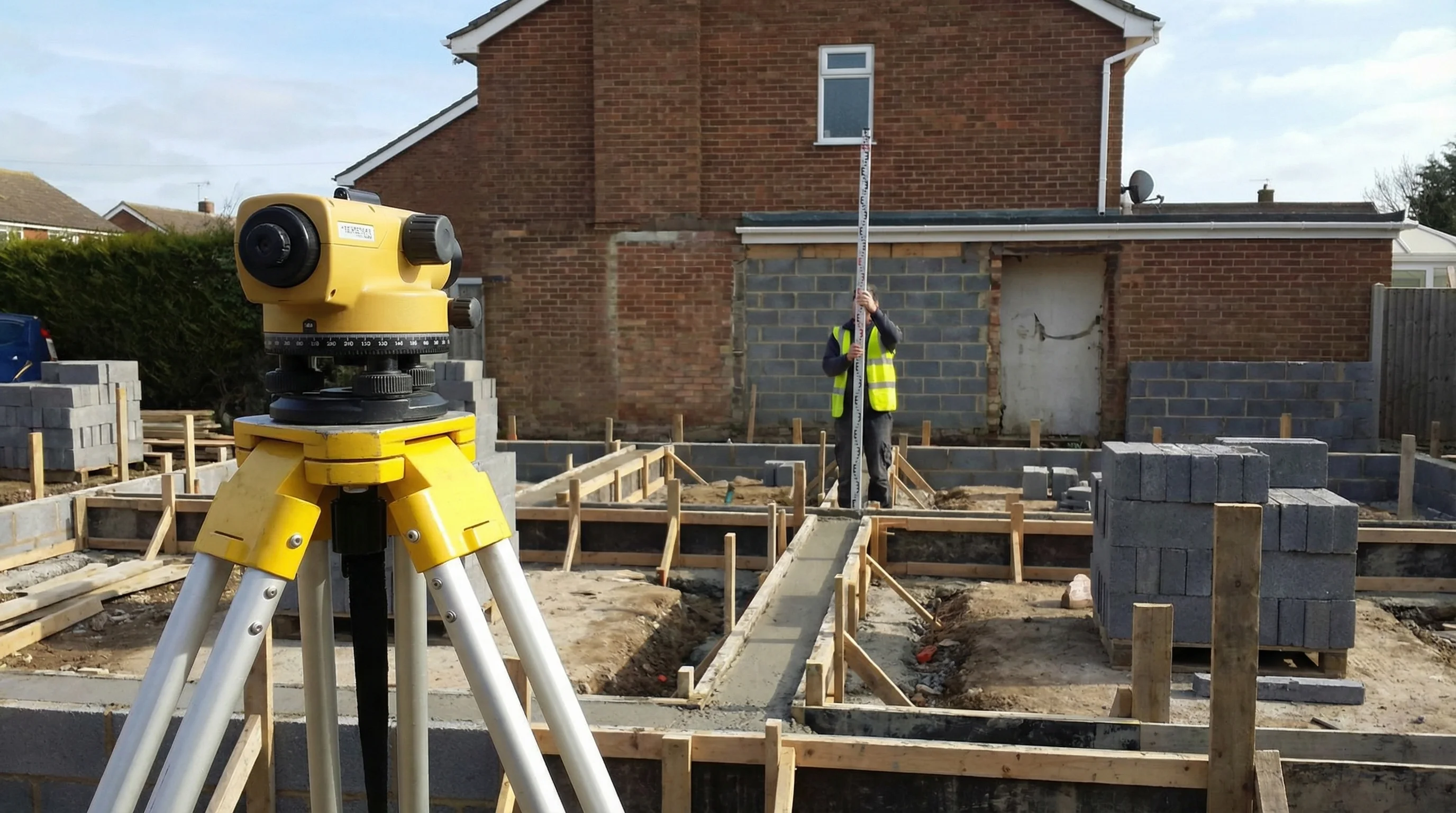 An optical level (dumpy level) set up on a yellow tripod at a residential extension site, with a levelling staff visible in the background held by a second person