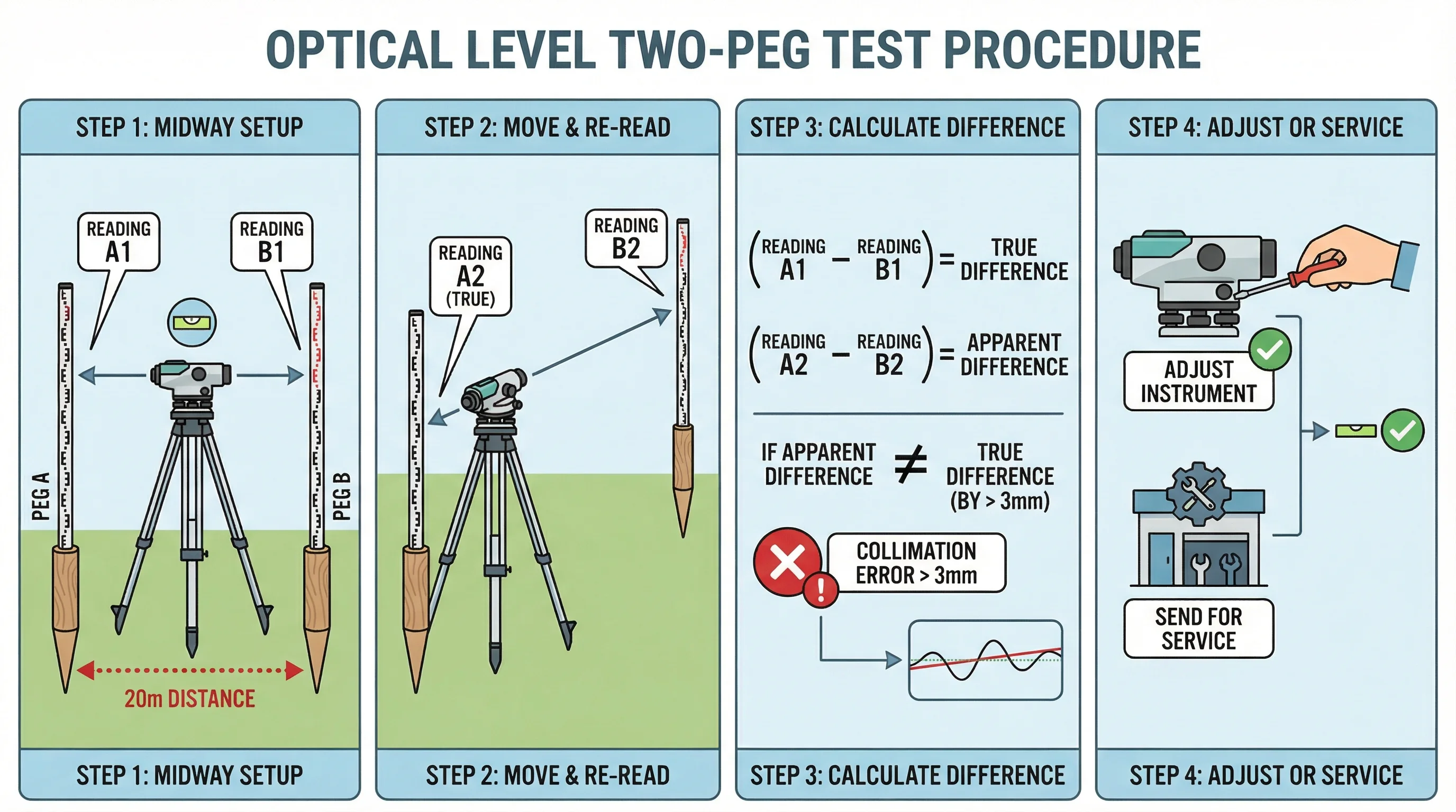 Four-step infographic titled Optical Level Two-Peg Test Procedure. Step 1 Midway Setup: level on tripod equidistant between Peg A and Peg B, 20m apart, recording readings A1 and B1. Step 2 Move and Re-Read: level moved close to Peg A, recording true reading A2 and distant reading B2. Step 3 Calculate Difference: compares true difference (A1 minus B1) against apparent difference (A2 minus B2); a discrepancy over 3mm flags a collimation error. Step 4 Adjust or Service: either adjust the instrument with a screwdriver or send it for professional service.
