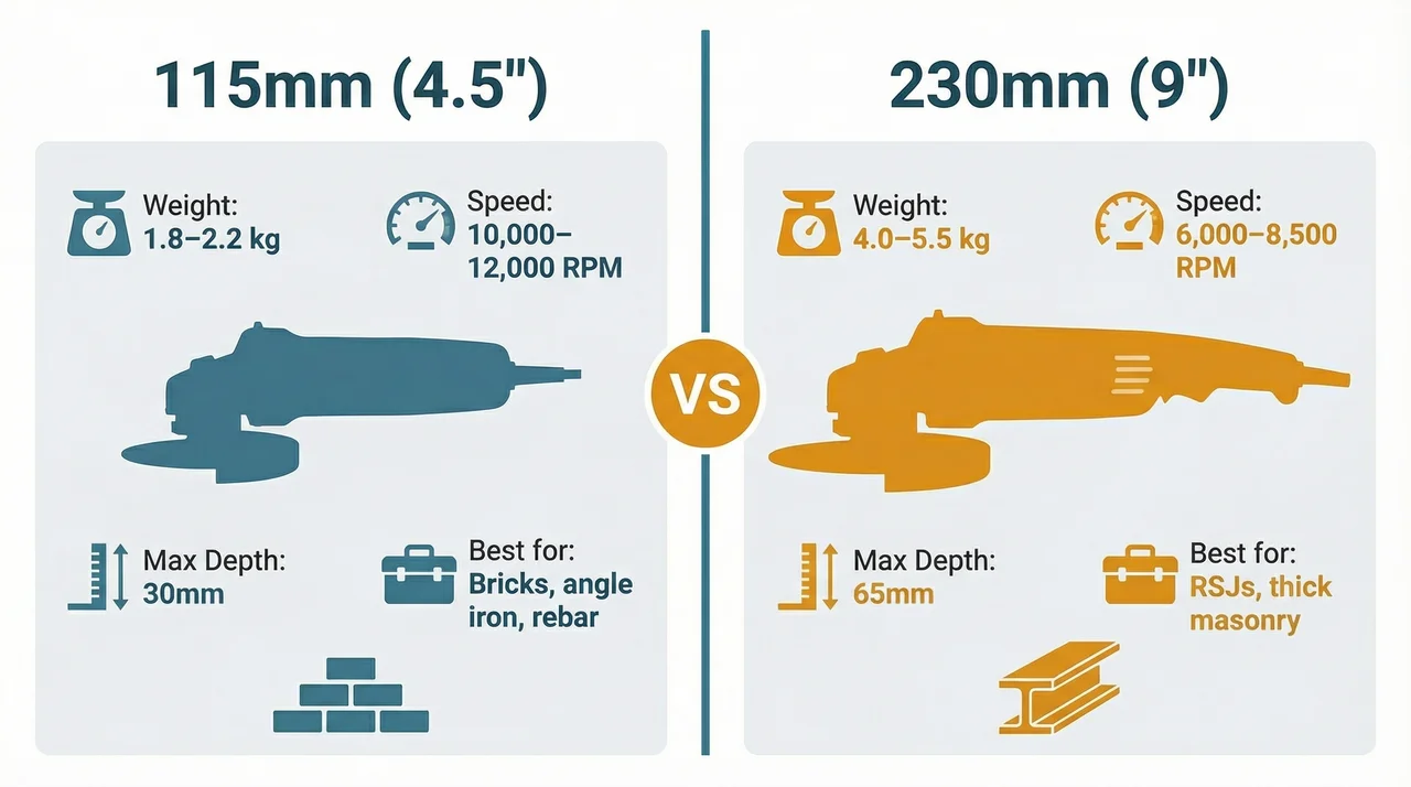 Side-by-side infographic comparing a 115mm and 230mm angle grinder drawn to scale, with annotated callouts showing weight, RPM range, maximum cutting depth, and typical use cases for each size. The 115mm grinder is shown in teal with specs for bricks, angle iron, and rebar; the 230mm in amber for RSJs and thick masonry.