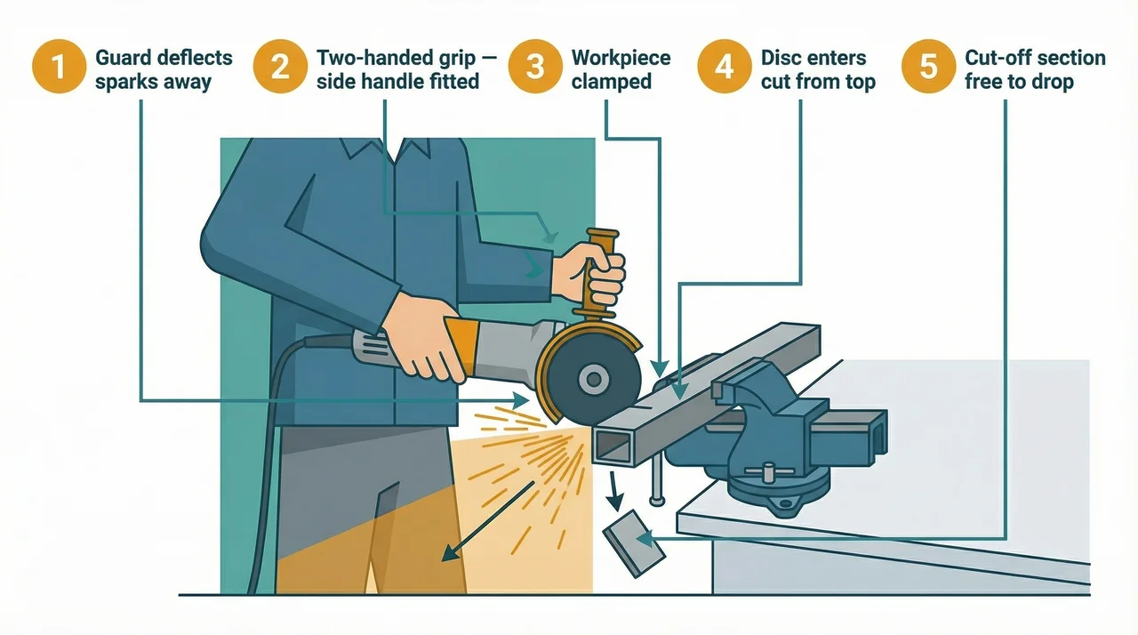 Side-view flat vector diagram showing correct body position when cutting steel with a 115mm angle grinder. The operator holds the grinder at waist height with a two-handed grip, guard adjusted to deflect sparks away, workpiece clamped in a vice. Five numbered callouts identify: guard deflects sparks away, two-handed grip with side handle, workpiece clamped, disc enters cut from top, and cut-off section free to drop. Safe zones are highlighted in teal, spark trajectory in amber.