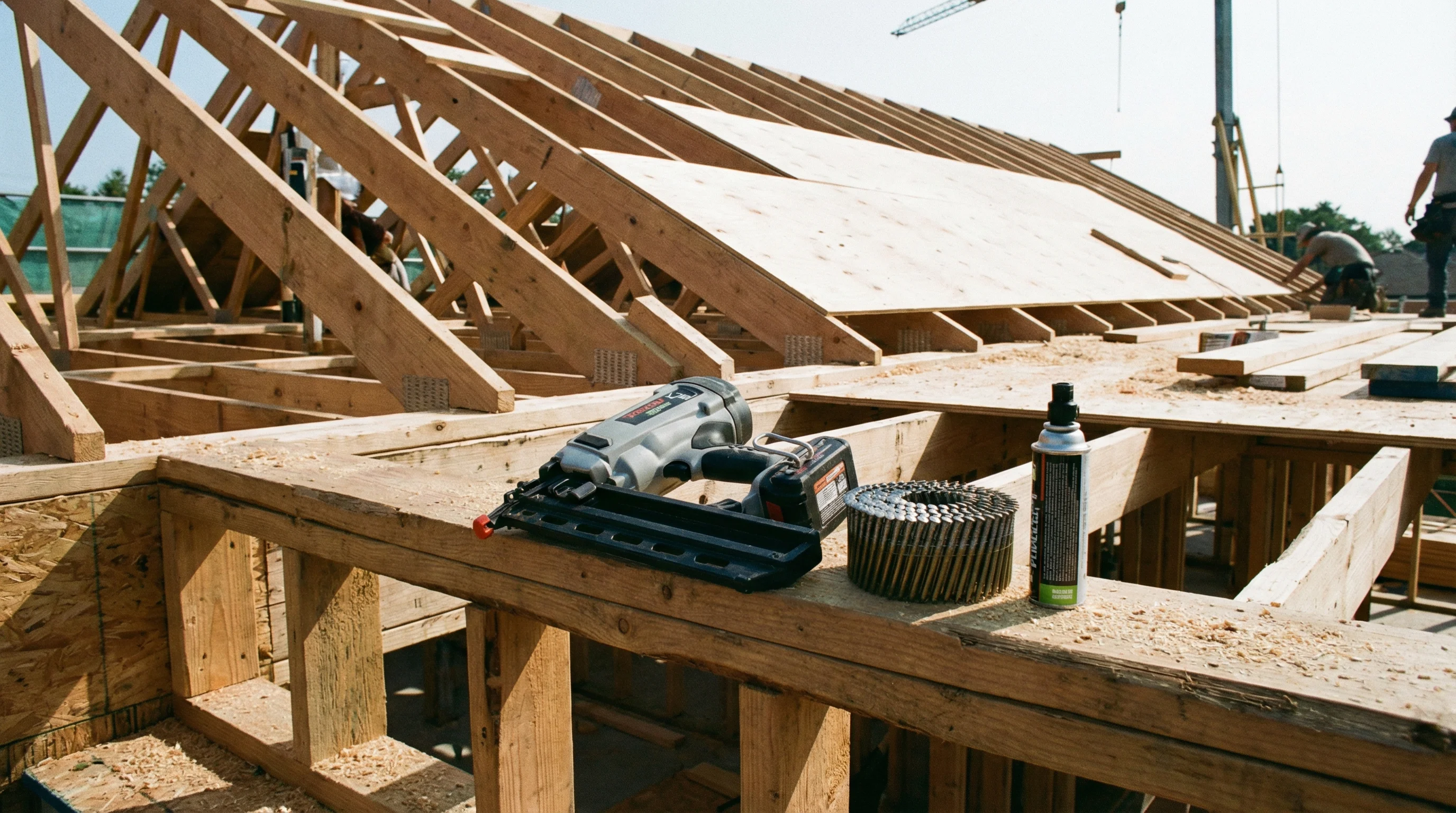 A Paslode IM350+ gas framing nailer resting on a timber roof joist beside ring-shank nails and a fuel cell, on a construction site with exposed rafters in the background