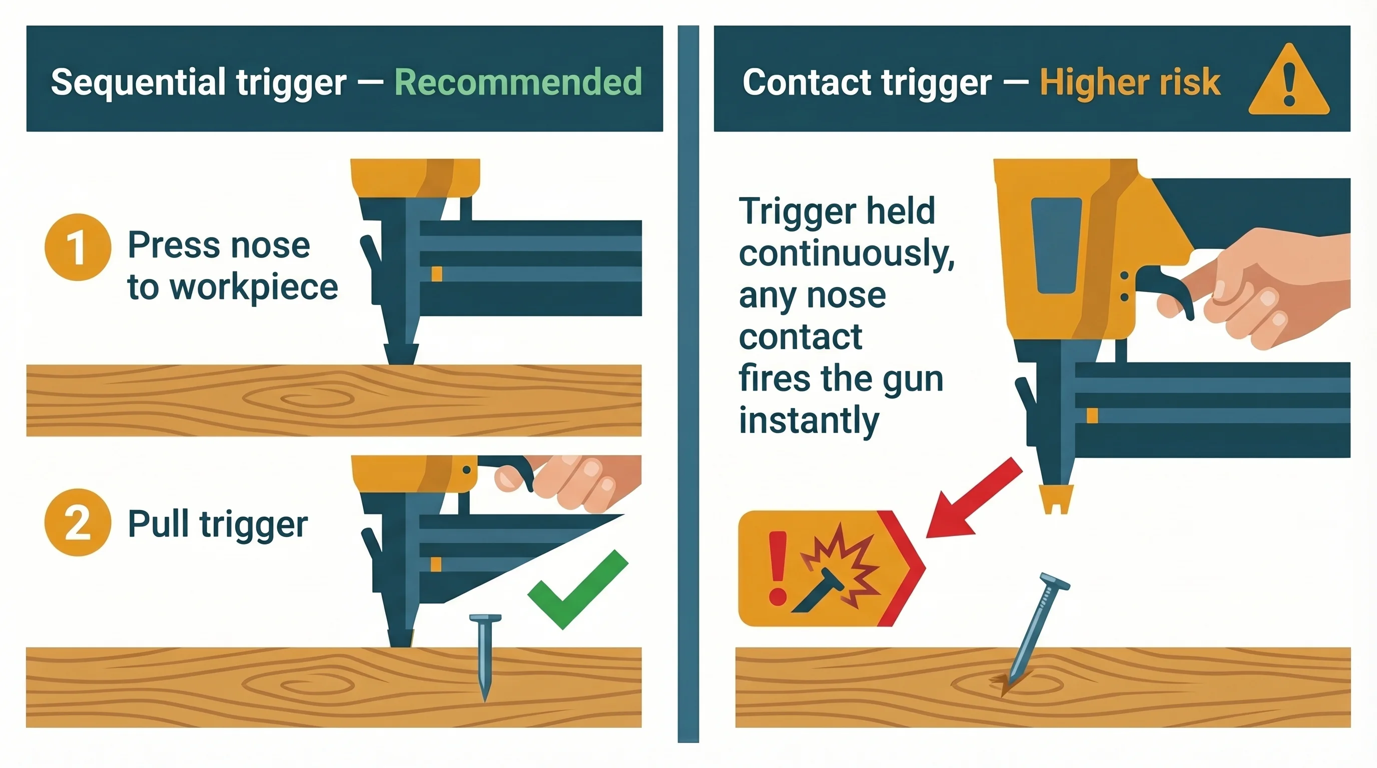 Side-by-side safety comparison of nail gun trigger types: left panel shows sequential trigger requiring two separate actions (first press nose contact to workpiece, then pull trigger) with a green safety indicator and nail driven precisely where intended; right panel shows contact trigger where holding the trigger fires on any nose contact, with an amber warning indicator and arrow showing unintended firing risk.