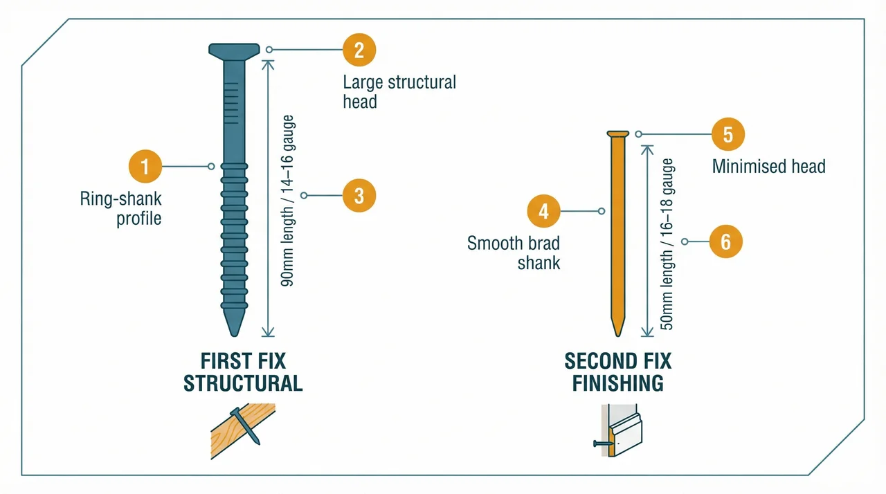Side-by-side scale comparison of a 90mm ring-shank first fix nail (left, with visible annular rings and large structural head) and a 50mm smooth brad second fix nail (right, with minimal head), each annotated with gauge, length, and application icons showing roof rafter and skirting board.
