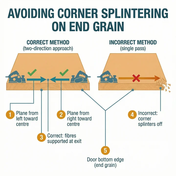 Top-down plan view of a door bottom edge showing the correct two-direction planing method to prevent corner splintering: plane from the left toward the centre, then from the right toward the centre, so neither pass exits unsupported at a corner. A contrasting panel shows the incorrect single-pass method which causes corner splintering.