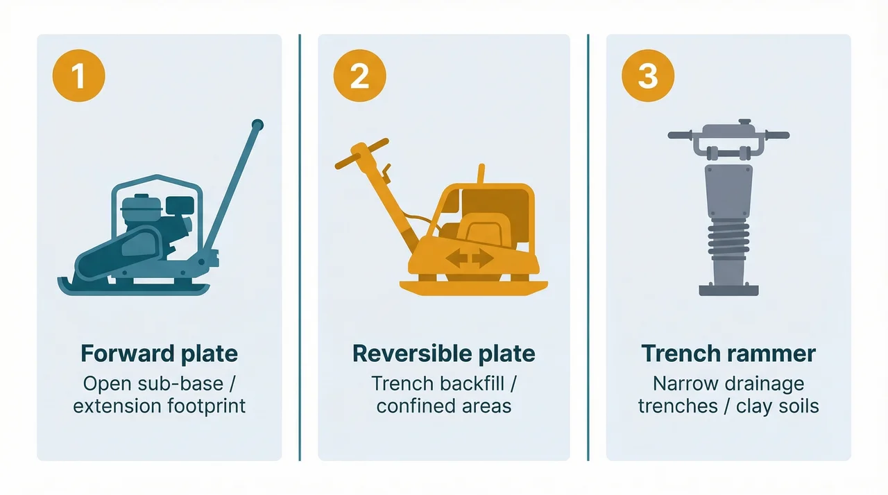 Side-by-side comparison of three compaction machines: a forward plate compactor for open sub-base areas, a reversible plate compactor for trench backfill and confined spaces, and a trench rammer for narrow drainage trenches and clay soils.