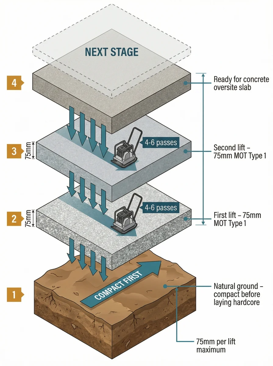 Vertical cross-section diagram showing four stages of sub-base compaction: compacting the natural ground first, then laying and compacting a first 75mm lift of MOT Type 1 hardcore, followed by a second 75mm lift, with the finished compacted surface ready for the concrete oversite slab.