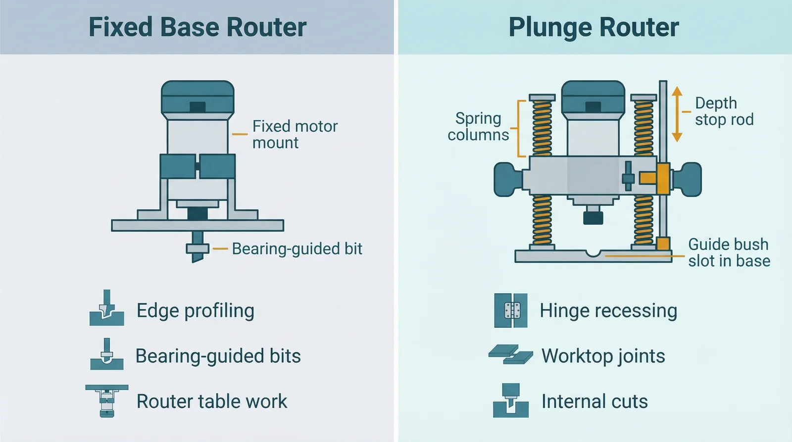 Side-by-side diagram comparing a fixed base router (left) and a plunge router (right). The fixed base router shows a solid base with the motor at a fixed height and a bearing-guided bit. The plunge router shows spring-loaded vertical columns, a motor housing that slides vertically, a depth stop rod, and a guide bush slot in the base plate. Use cases are listed below each: edge profiling, bearing-guided bits, and router table work for the fixed base; hinge recessing, worktop joints, and internal cuts for the plunge router.
