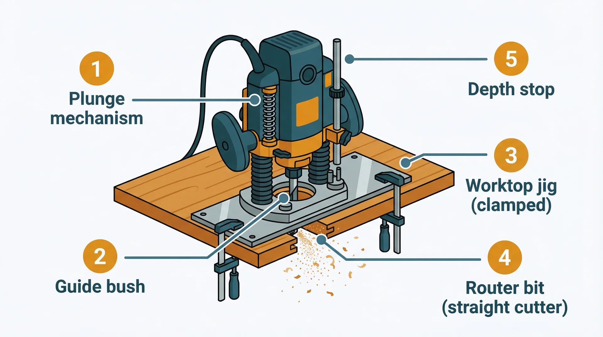 A mid-range plunge router cutting a clean rebate along the edge of a timber worktop, with a guide fence visible and fine shavings curling away from the bit