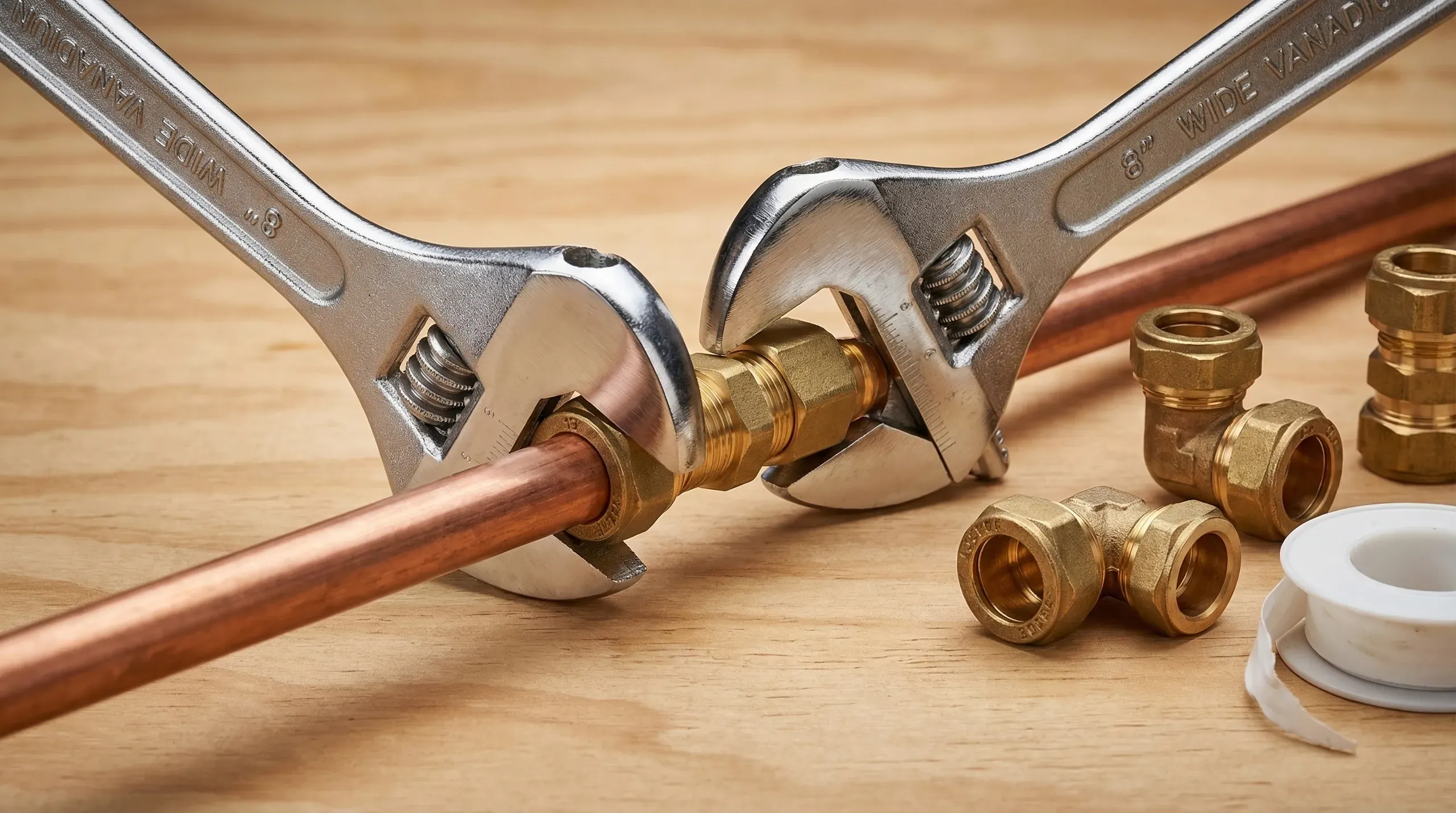 An 8-inch wide jaw adjustable wrench gripping a brass compression fitting nut on 15mm copper pipe, with a second wrench holding the fitting body, on a plywood workbench