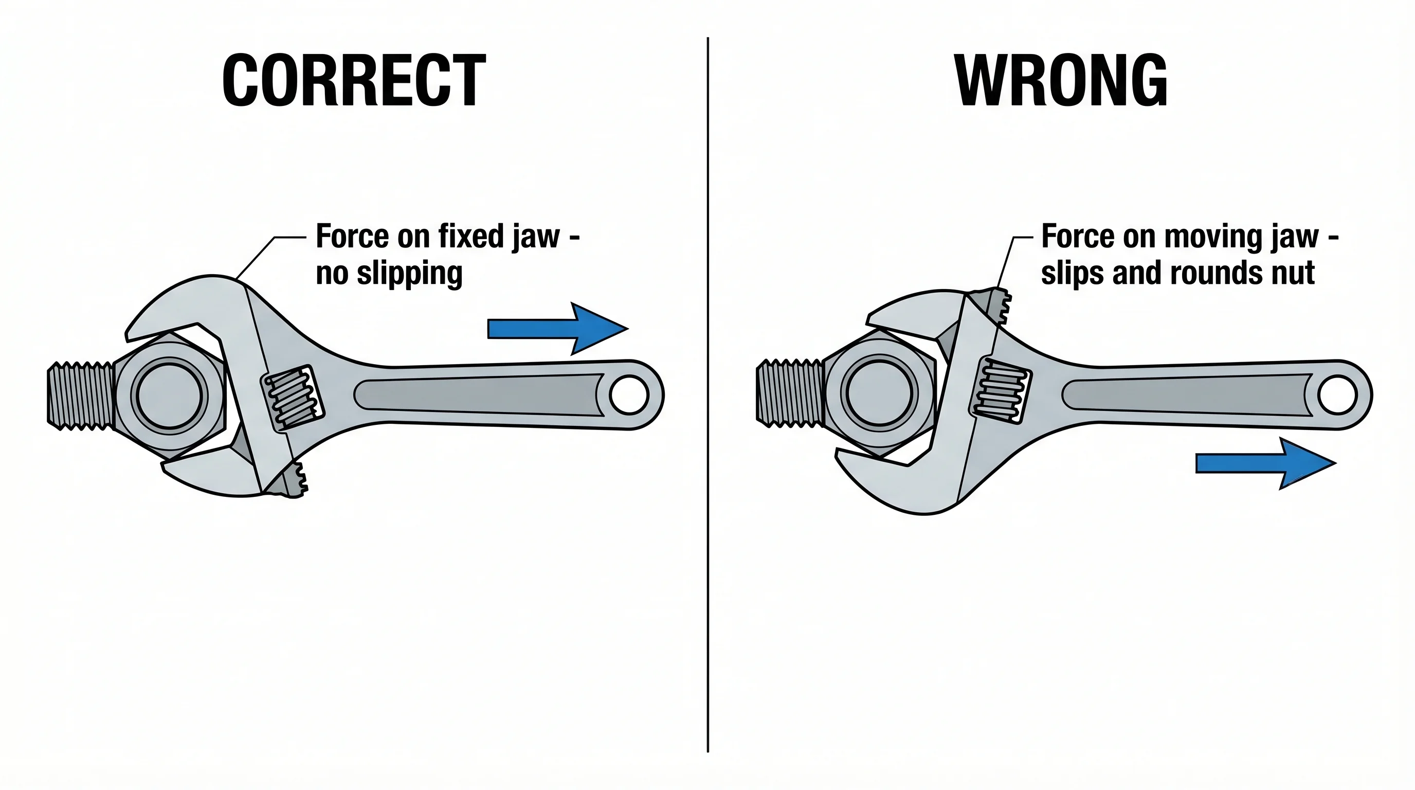 Two side-by-side technical diagrams comparing correct and incorrect adjustable wrench orientation on a hexagonal nut. The left panel shows force directed toward the fixed jaw with a snug fit and the label 'Fixed jaw takes the load, jaw locks tight.' The right panel shows force toward the movable jaw causing the worm screw to flex, a visible gap to open, and the nut to round, labelled 'Movable jaw takes the load, worm screw flexes, jaw spreads, nut rounds.'