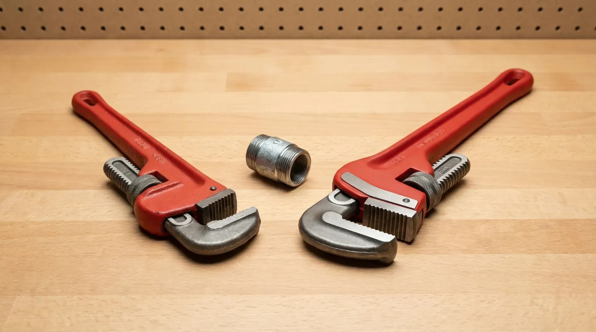 Two pipe wrenches placed side by side on a workbench for size and quality comparison. On the left, a smaller budget 12-inch cast iron pipe wrench. On the right, a larger 14-inch professional model with a more refined finish. Both have their jaws open to the same width to illustrate the size difference. A galvanised threaded pipe fitting sits between them.