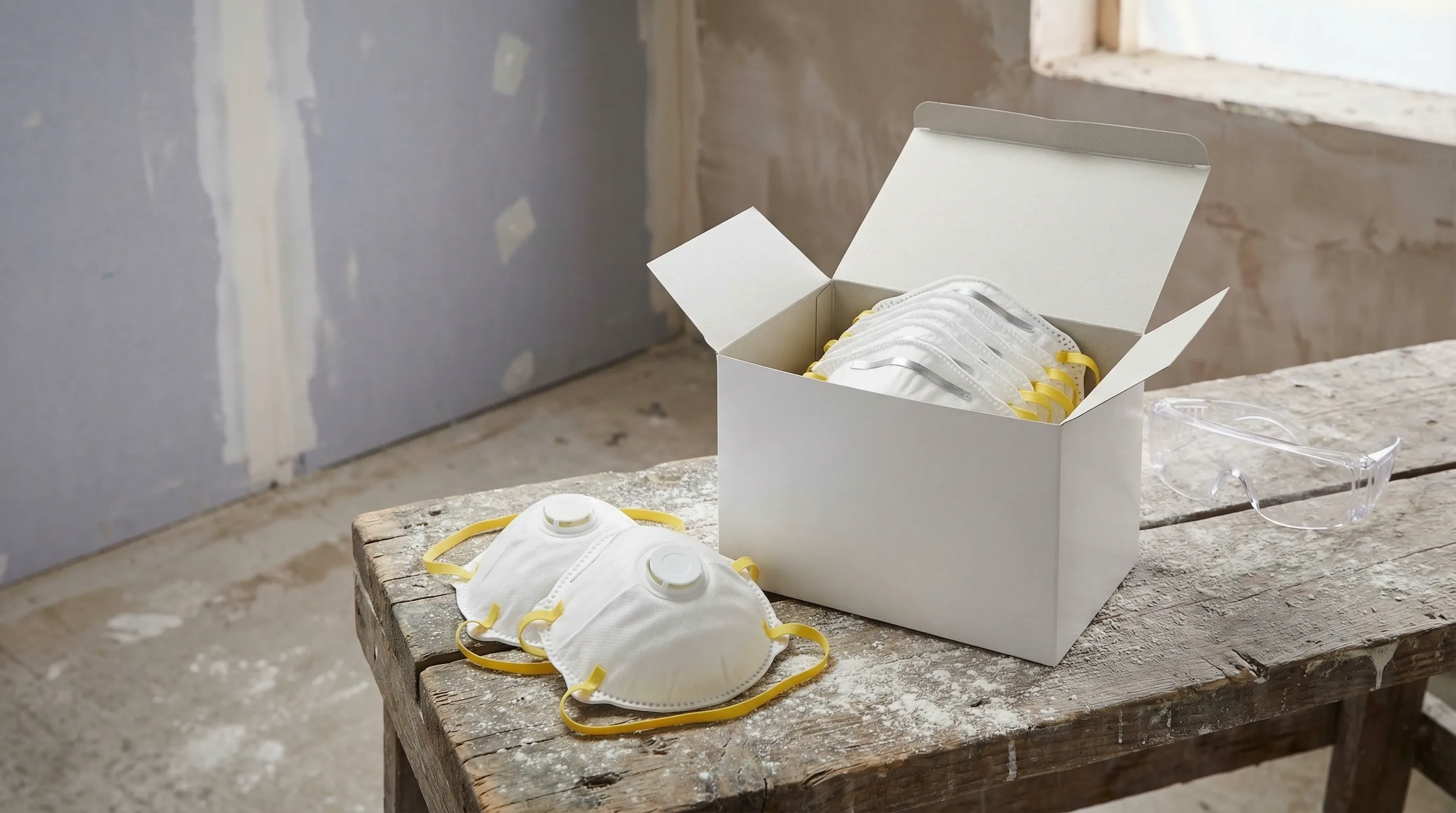 Box of FFP2 valved dust masks next to safety glasses on a workbench at a residential extension site