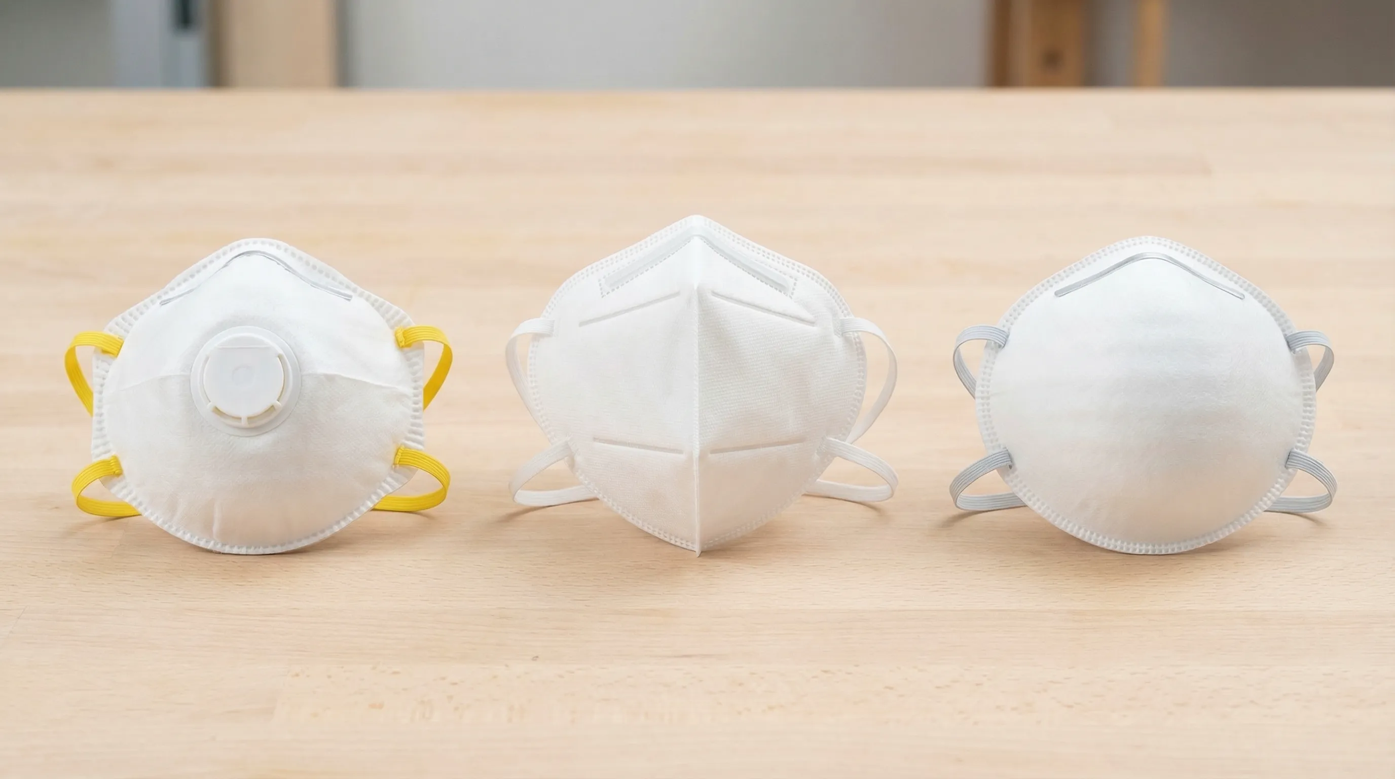 Three FFP2 dust masks arranged side by side on a workbench: a cup-shaped valved mask on the left, a flat-fold tri-panel valved mask shown unfolded in the centre, and a budget cup-shaped unvalved mask on the right.