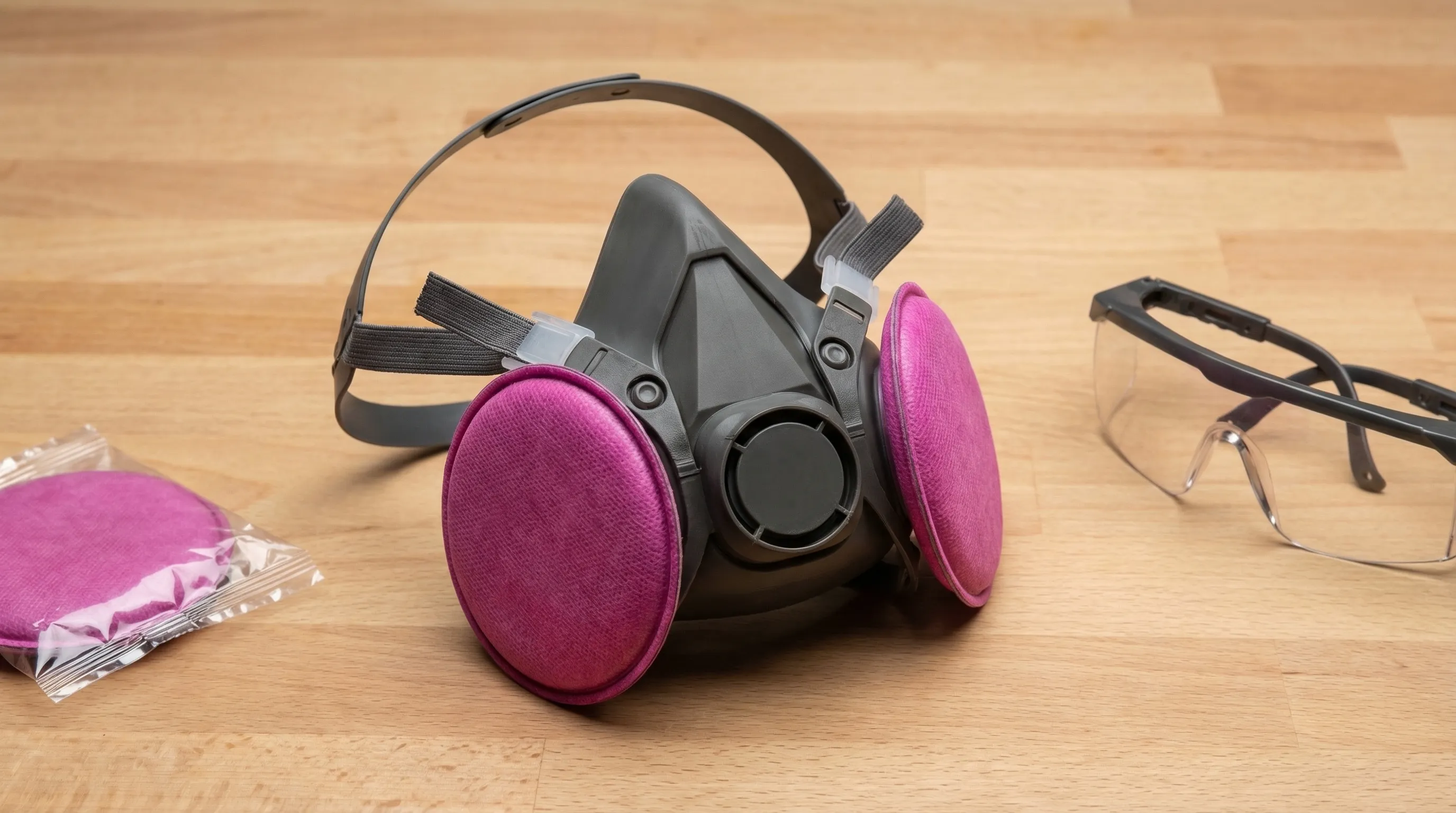 A reusable half-mask respirator with two round pink P3 filter cartridges attached to each side, shown on a workbench alongside a pair of safety glasses and a packet of replacement P3 filters. The dark grey thermoplastic rubber facepiece has a central exhalation valve and an adjustable 4-point head harness.
