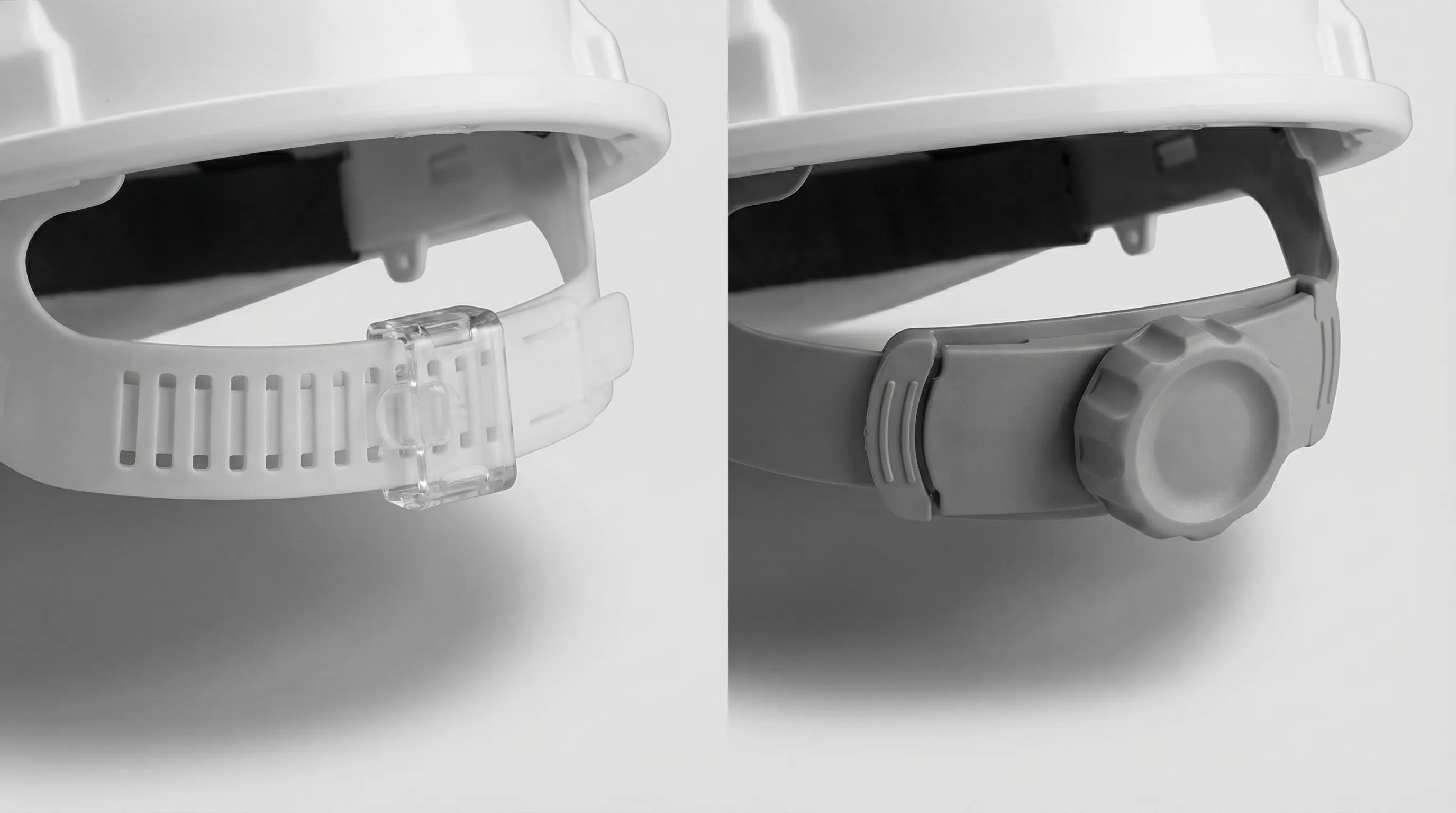 Side-by-side comparison of two hard hat adjustment mechanisms: on the left, a pinlock mechanism showing a plastic headband with notched teeth; on the right, a ratchet wheel adjuster at the rear of a hard hat cradle for smooth one-handed tightening.