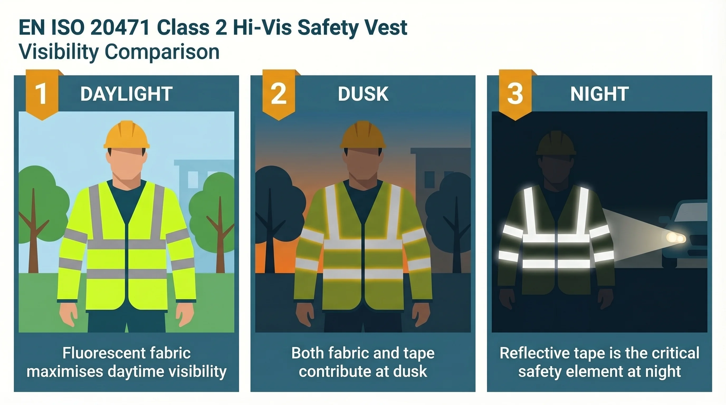 Three-panel visibility comparison infographic showing a construction worker in a Class 2 hi-vis vest: panel one in daylight shows the fluorescent yellow fabric brightly visible against surroundings; panel two at dusk shows the fluorescent fabric dimming while reflective tape strips start catching available light; panel three at night shows the fluorescent fabric barely visible but the silver reflective tape strips brightly lit by vehicle headlights, clearly outlining the worker against darkness.