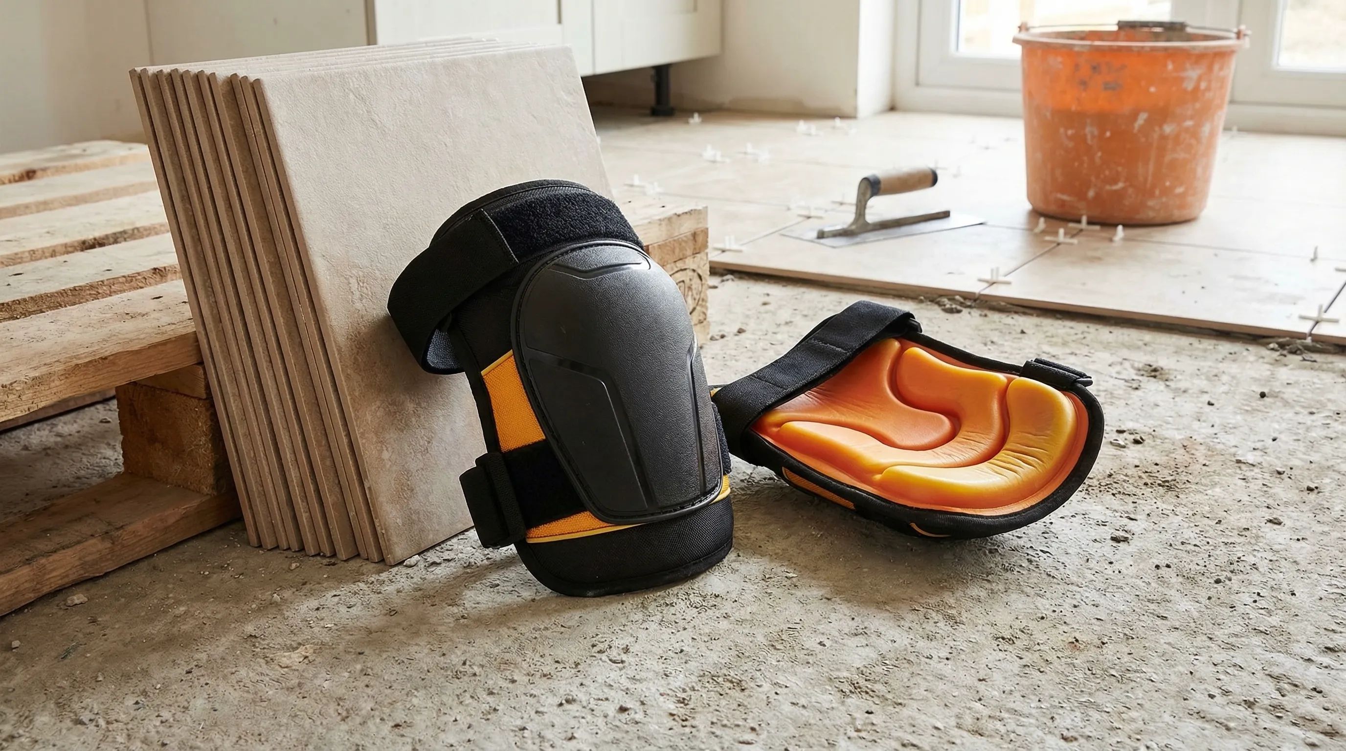 Pair of gel knee pads with hard caps sitting on a concrete floor next to a stack of floor tiles at a residential extension site