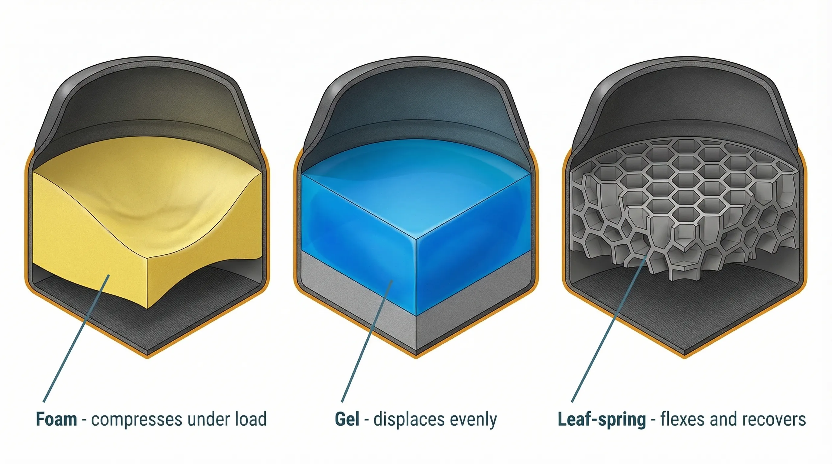 Technical cross-section diagram comparing three knee pad padding types side by side: foam padding compressed flat at the centre under load, gel padding maintaining even thickness by displacing sideways, and leaf-spring honeycomb TPE structure with visible air pockets that flex and recover.