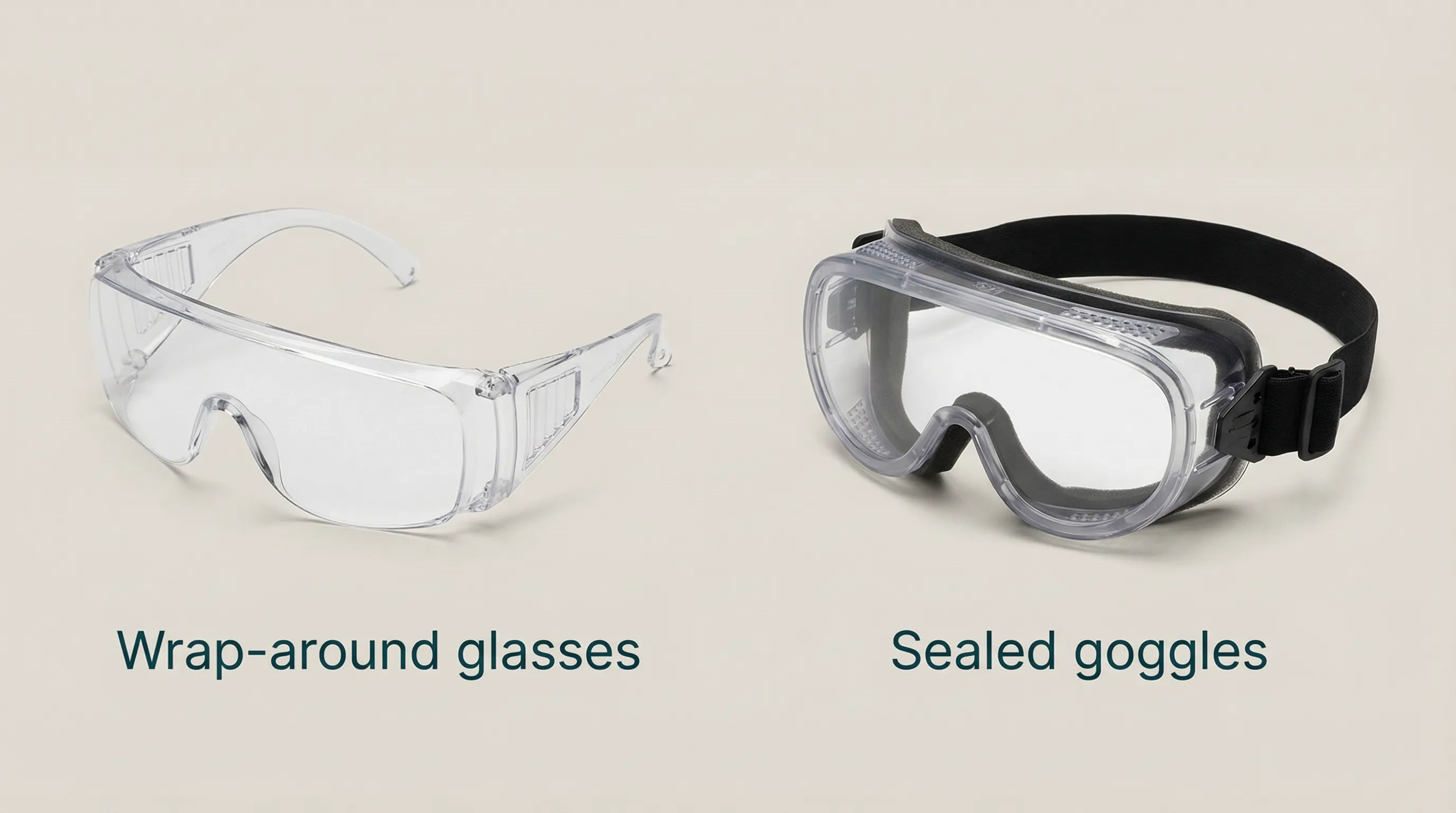 Side-by-side studio comparison showing wrap-around safety glasses on the left with integrated side shields and spectacle-style temples, and sealed safety goggles on the right with an elastic headband and indirect ventilation ports, both with clear polycarbonate lenses on a neutral background.