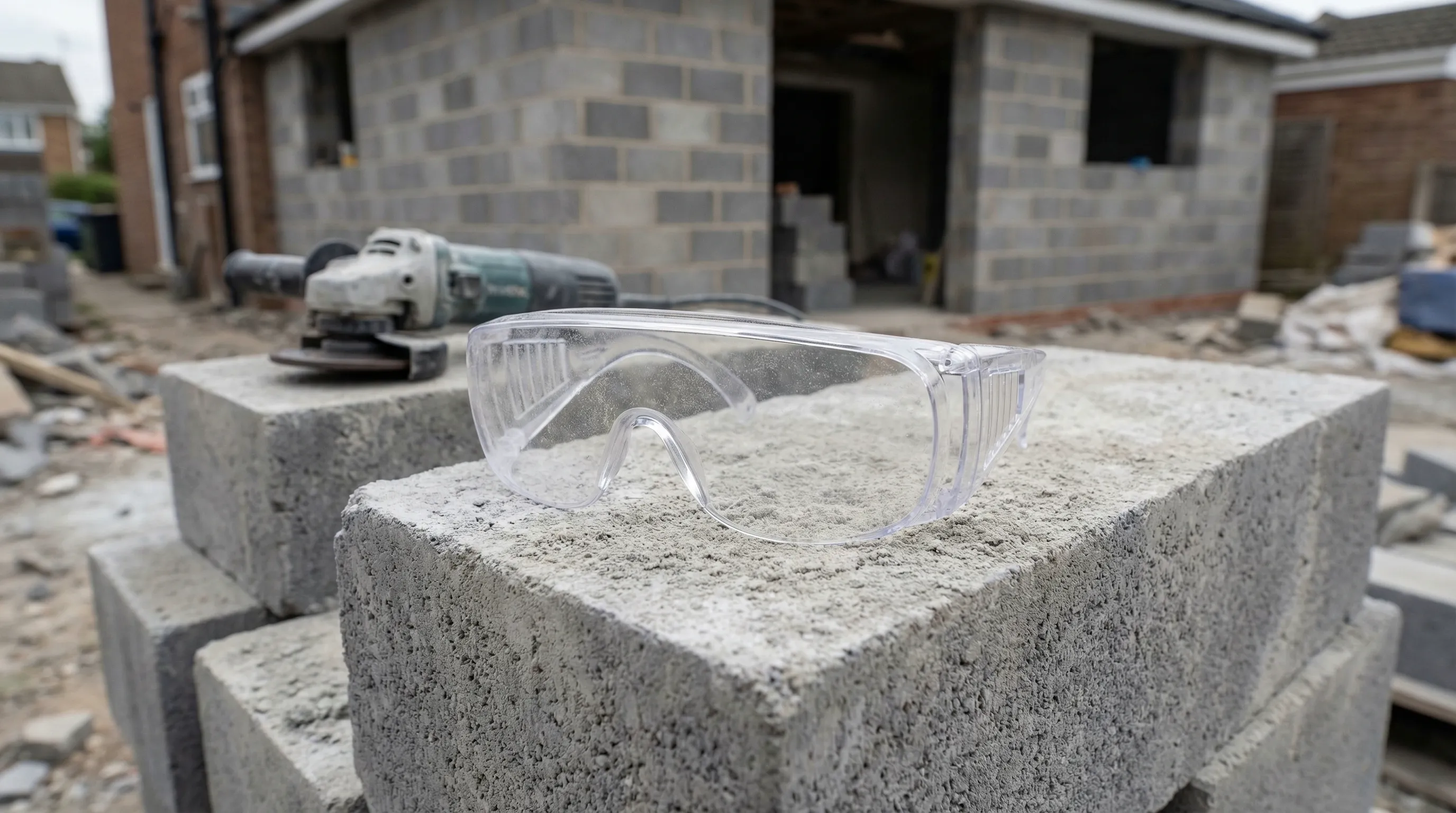 Clear wrap-around safety glasses with anti-fog lenses resting on a stack of cut concrete blocks with masonry dust visible