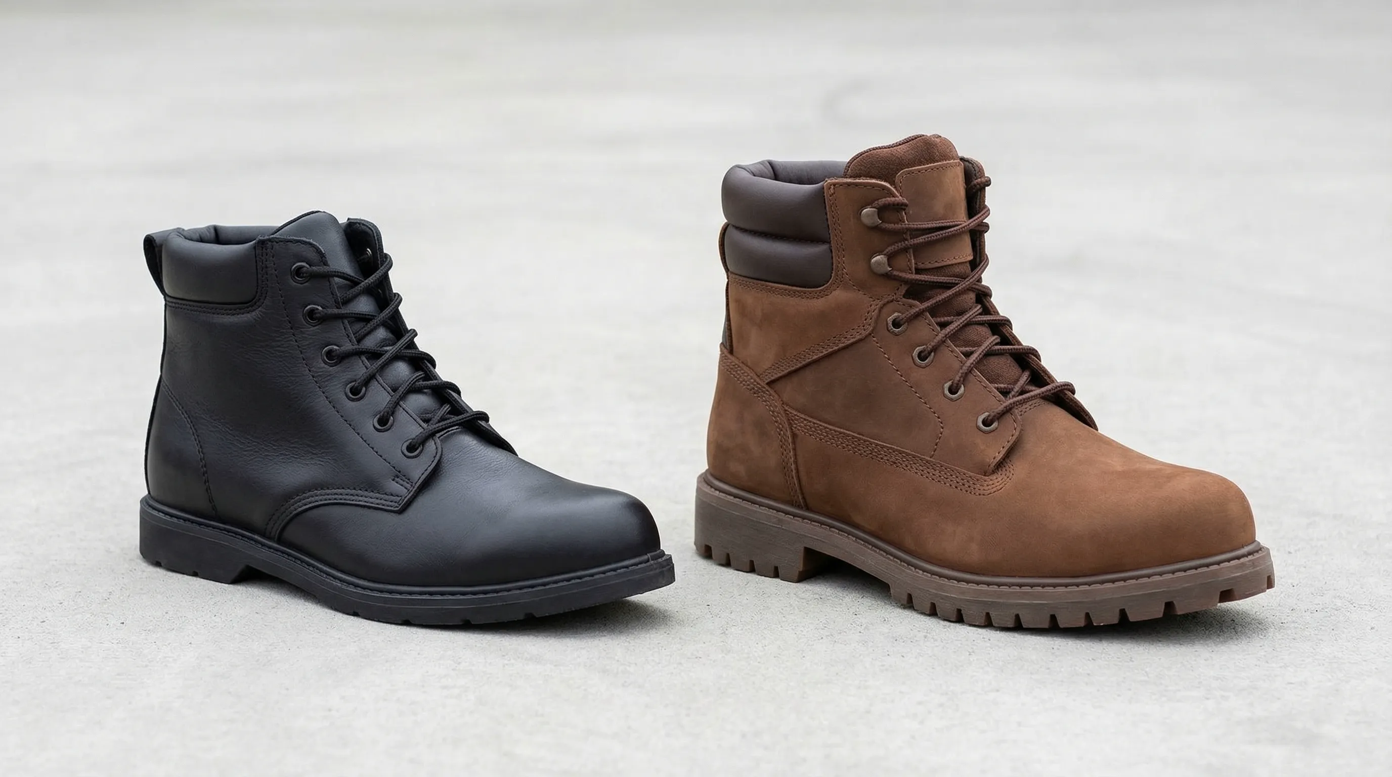 Two safety boots placed side by side on a concrete surface. On the left, a basic black leather budget safety boot with a thin flat sole. On the right, a chunkier brown nubuck leather mid-range S3 boot with a deep-tread rubber sole, padded collar, and gusseted tongue, visibly more substantial in construction and material quality.