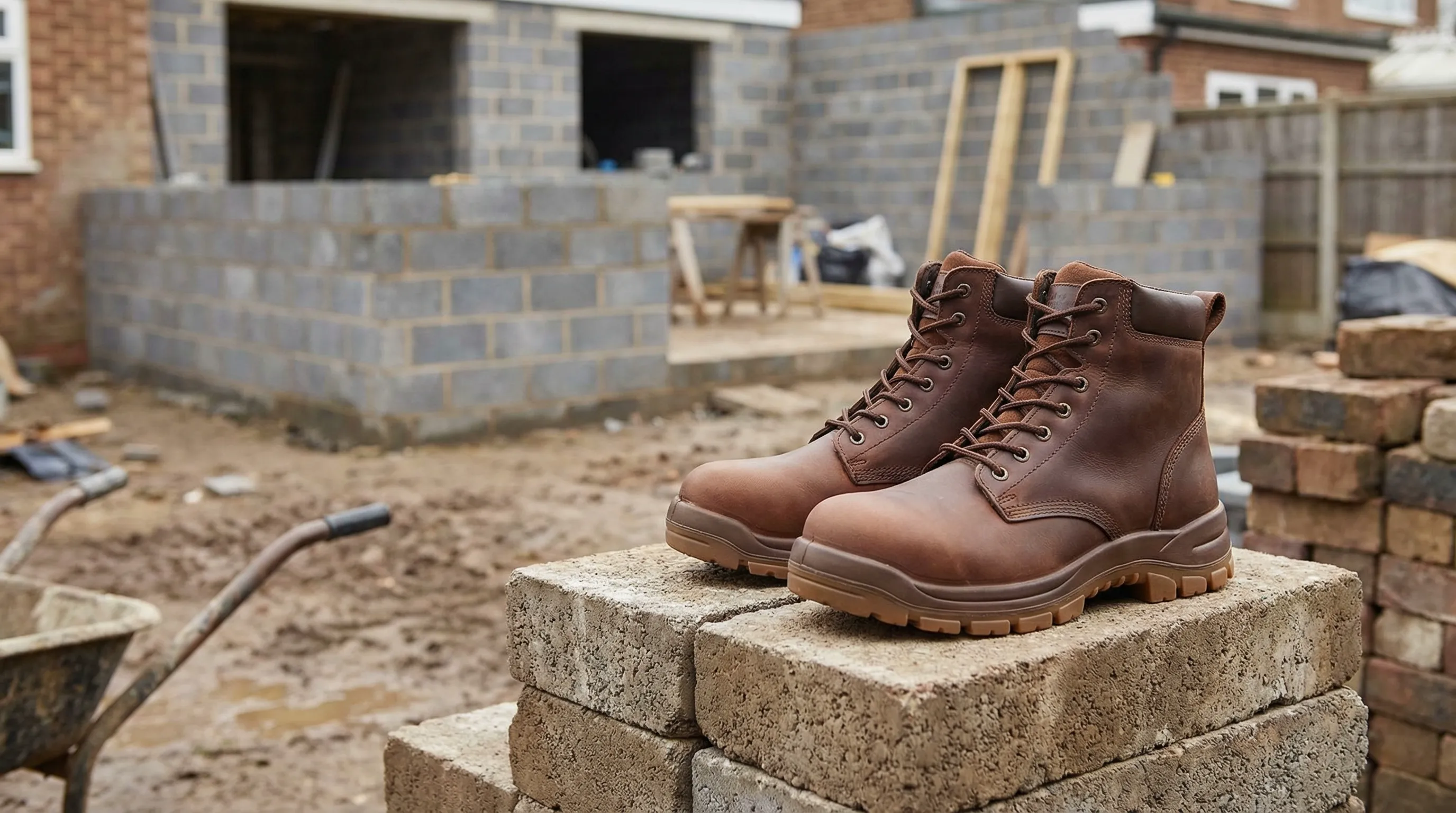 Pair of brown leather S3 waterproof safety boots with steel toecap on a concrete block at a residential extension site