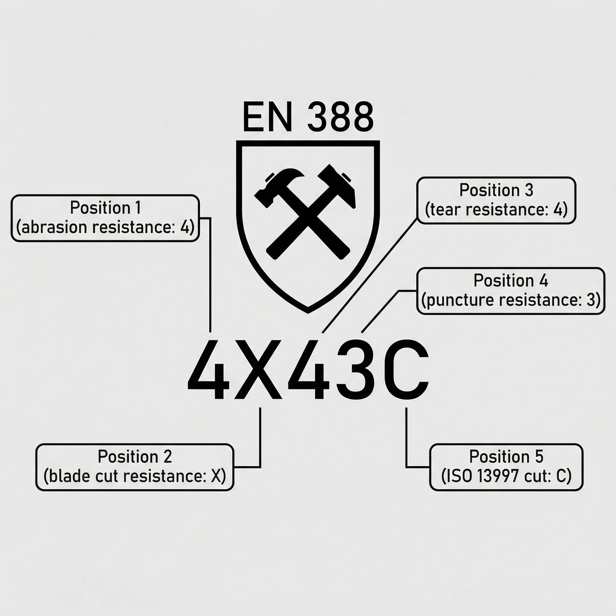 Annotated technical diagram of the EN 388 shield pictogram with the example code 4X43C and five numbered callout arrows explaining each position: abrasion resistance level 4, coup cut not tested, tear level 4, puncture level 3, and straight-blade cut level C.