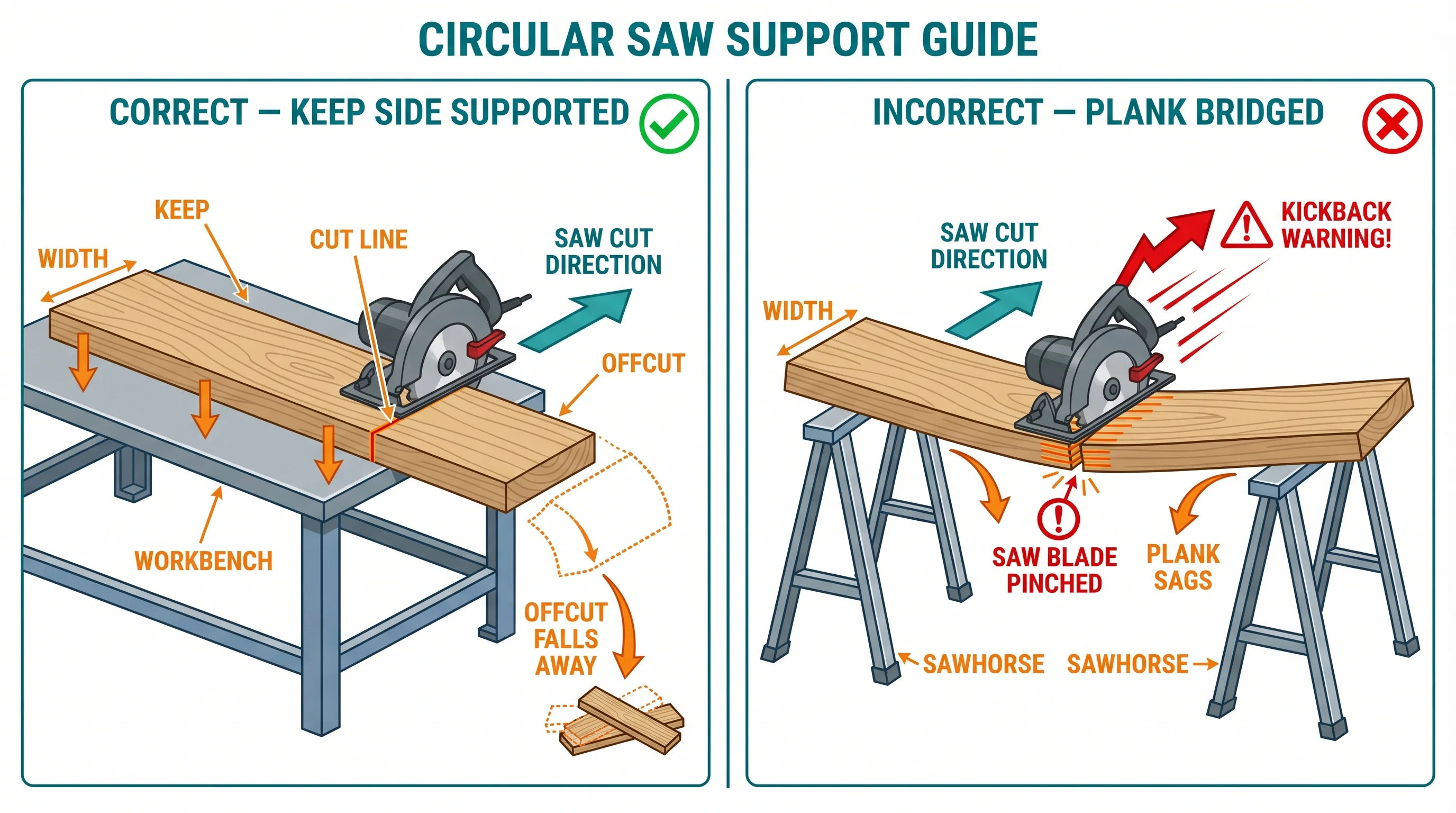 Side-by-side diagram showing the correct and incorrect way to support a plank for a circular saw cut. The correct setup shows the keep side fully supported on a sawhorse with the offcut side hanging free. The incorrect setup shows a plank bridged across two sawhorses at the cut point, which causes blade pinch and dangerous kickback.