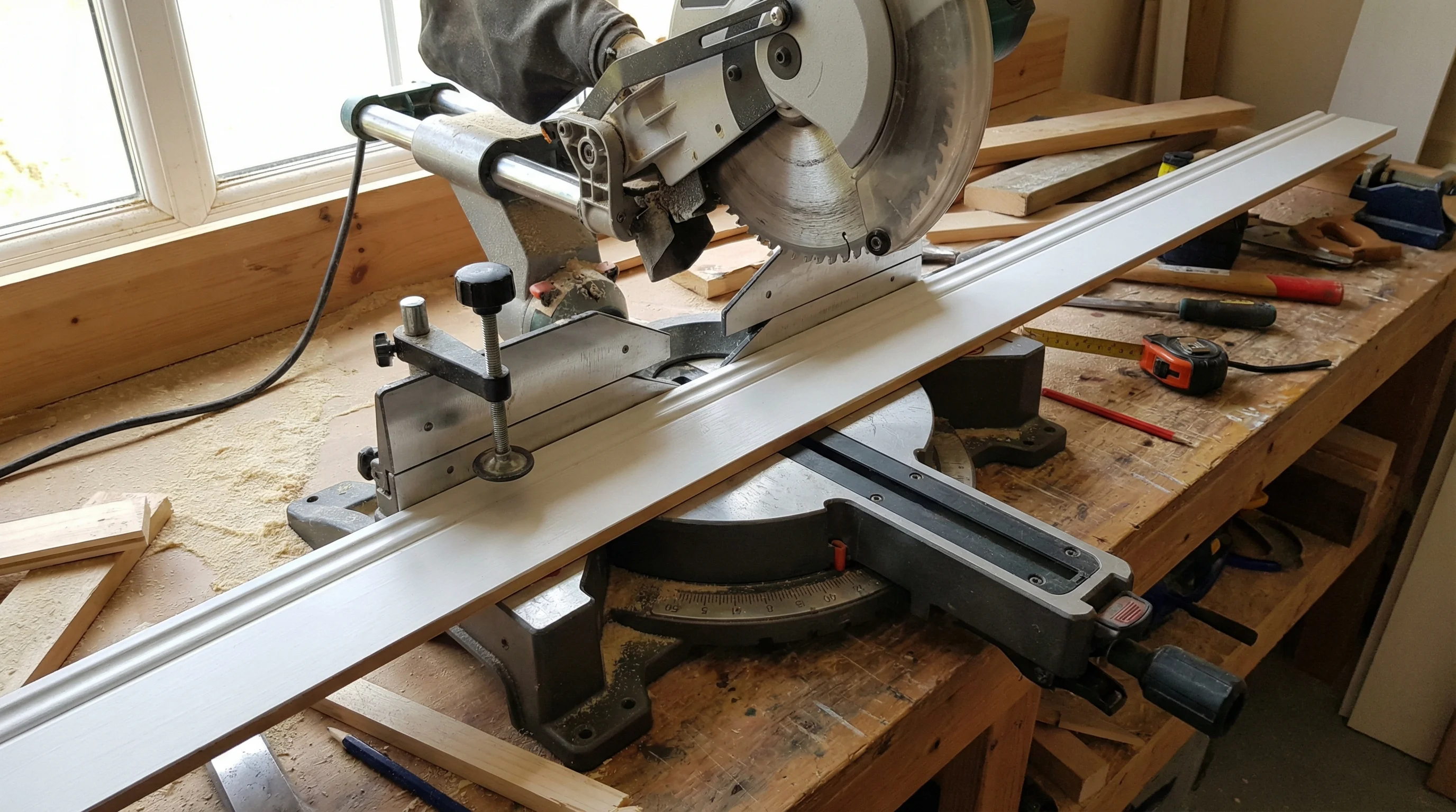 A sliding compound mitre saw mounted on a workbench with a length of skirting board positioned against the fence, ready for an angled cut