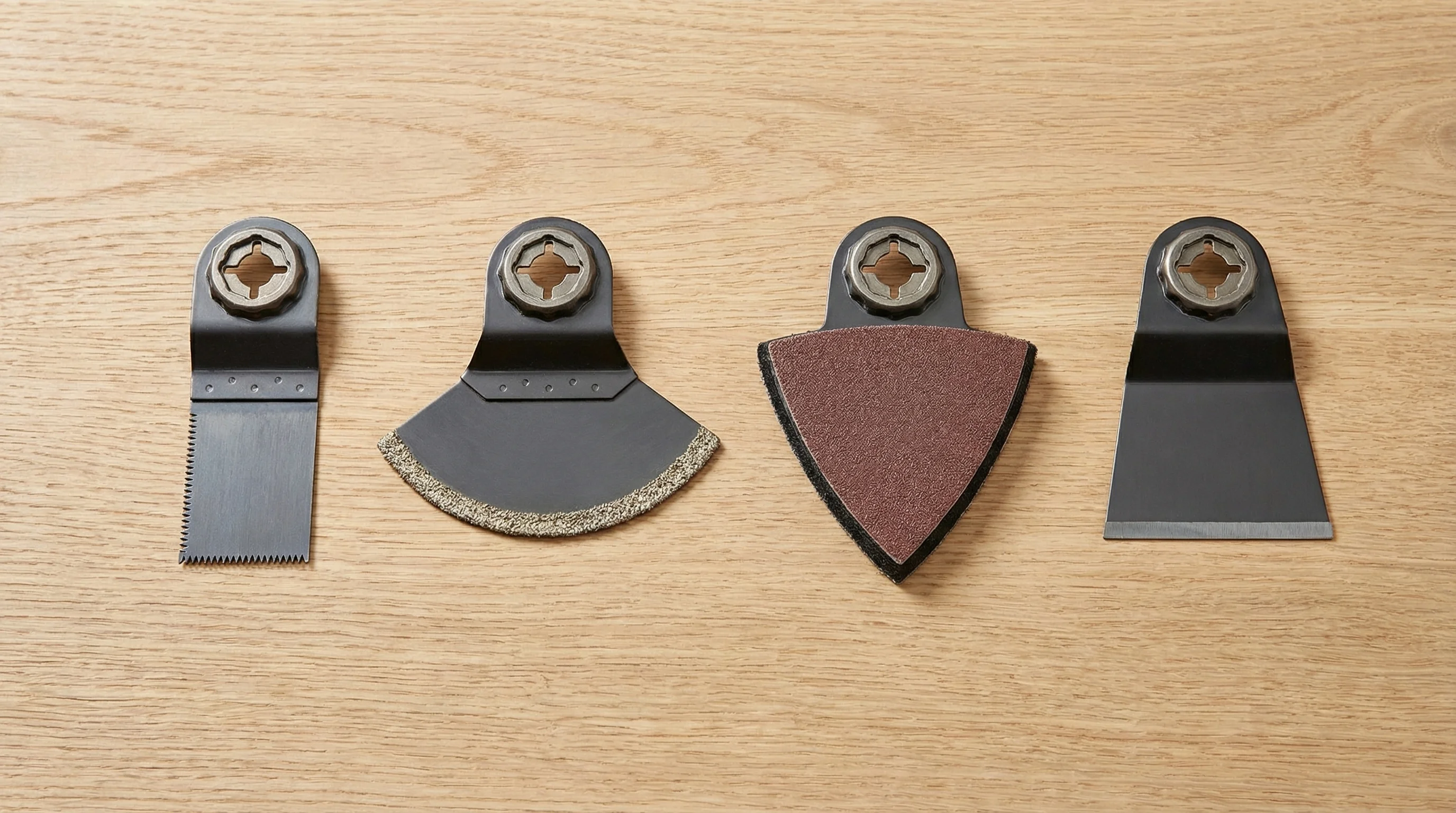 Four oscillating multi-tool blade types arranged left to right on a workbench: a rectangular bi-metal plunge-cut blade with teeth along one edge, a half-round segment blade with carbide grit on the curved edge, a triangular sanding pad with 80-grit sandpaper attached, and a wide flat rigid scraper blade. Each blade shows its quick-release mounting adapter.