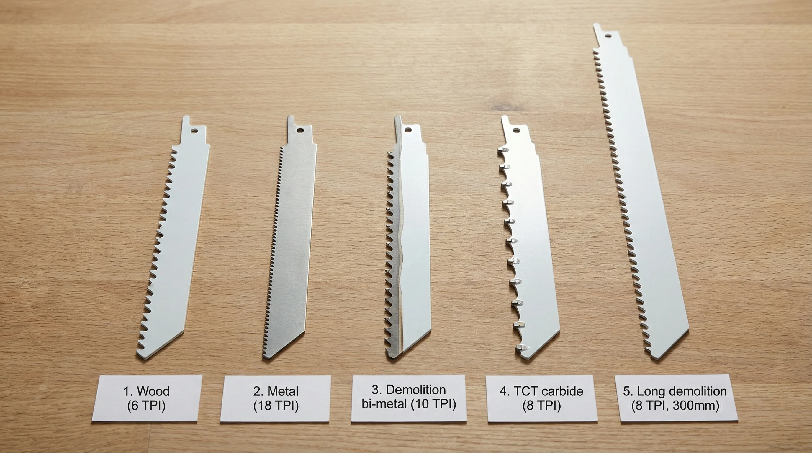 Five reciprocating saw blades laid side by side on a workbench, showing the visual differences between blade types: a coarse wood blade with widely-spaced teeth, a fine metal cutting blade, a bi-metal demolition blade, a TCT carbide-tipped blade, and a long 300mm demolition blade. Label cards beneath each blade identify the type and TPI.