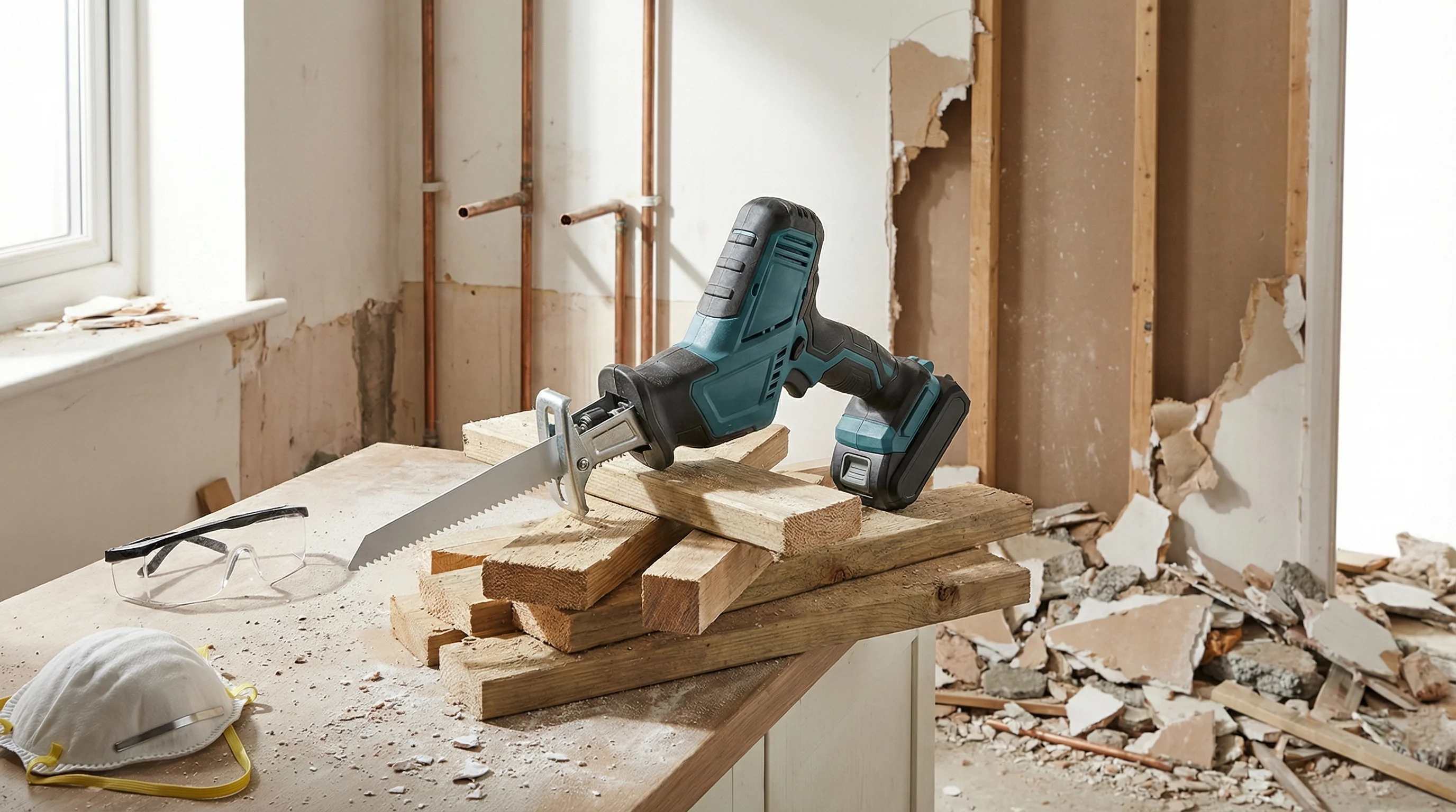 A cordless reciprocating saw with a demolition blade fitted, resting on a stack of timber offcuts beside exposed pipework during a kitchen strip-out