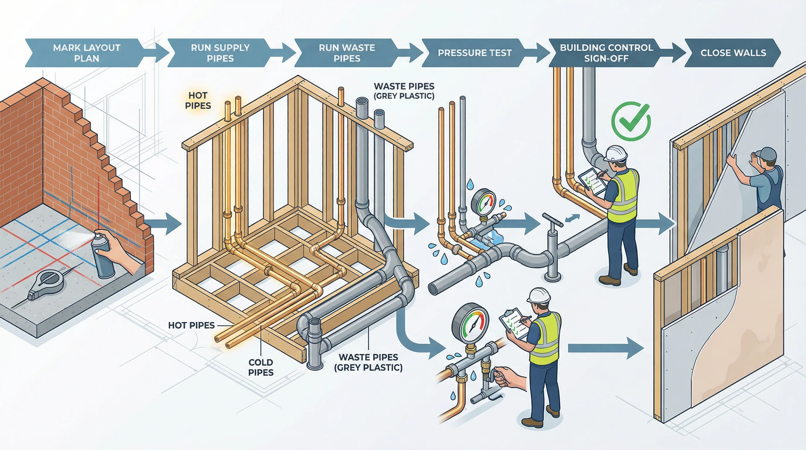 Process infographic showing the first fix plumbing workflow from layout plan through pipe installation, pressure testing, and sign-off before walls are closed