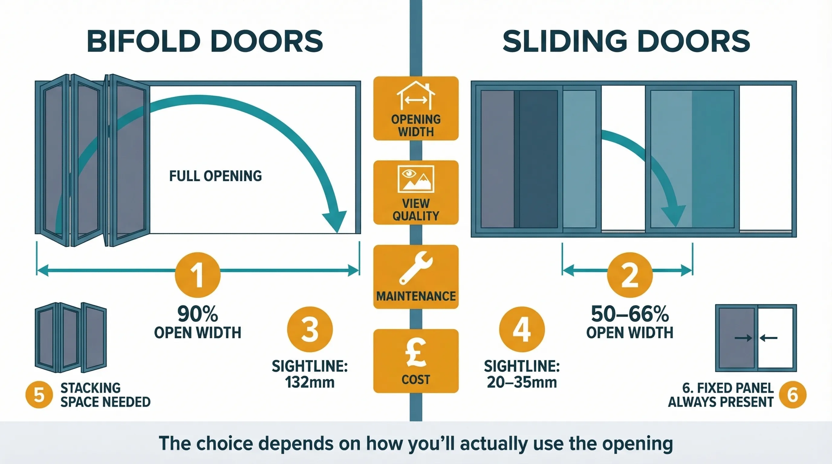 Decision flowchart showing the bifold vs sliding door choice for an extension, with key factors: opening width, sightlines, maintenance, and cost