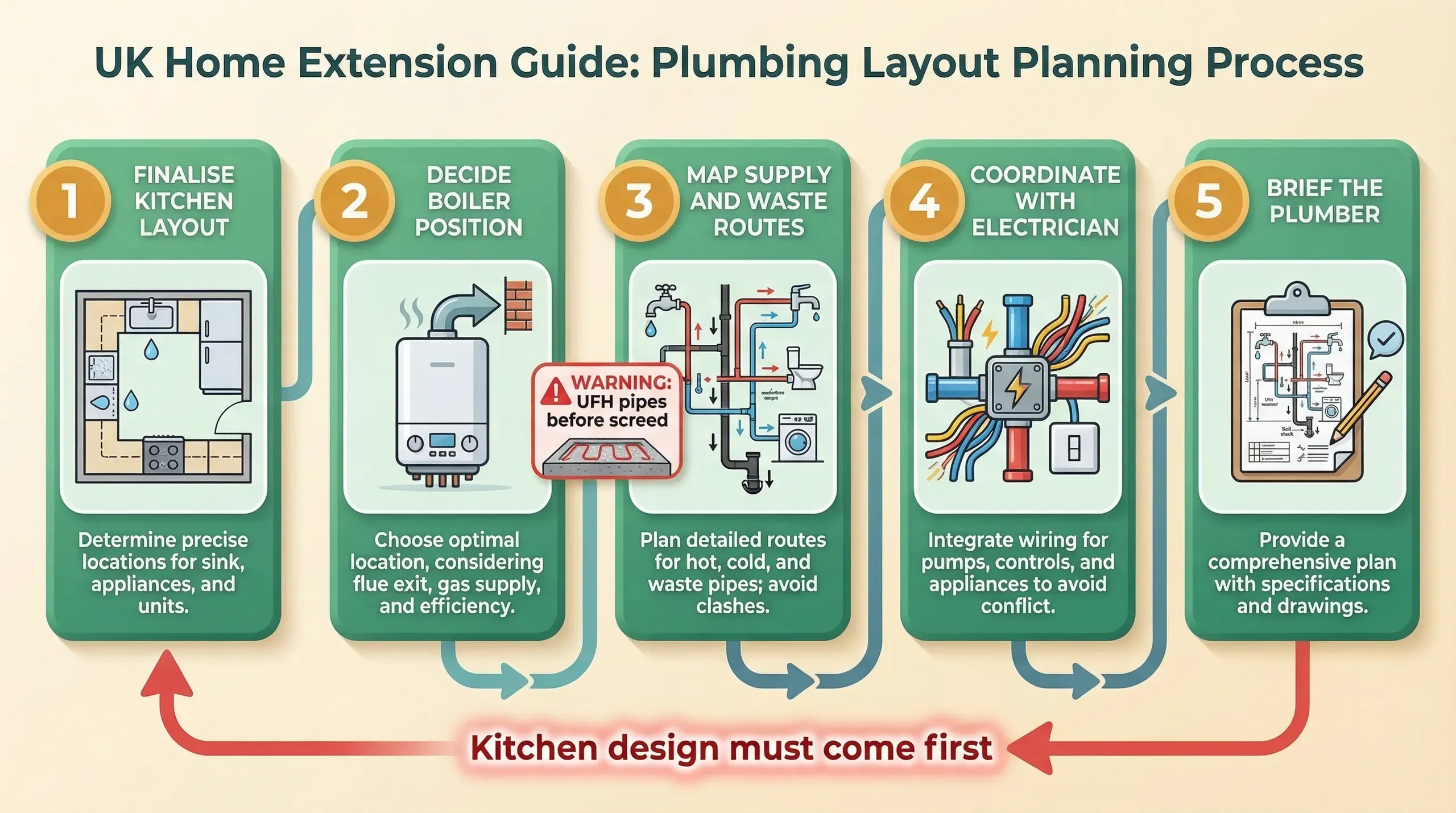 Process infographic showing the plumbing layout planning sequence: finalise kitchen design, choose boiler position, map supply and waste routes, coordinate with electrician, then brief the plumber
