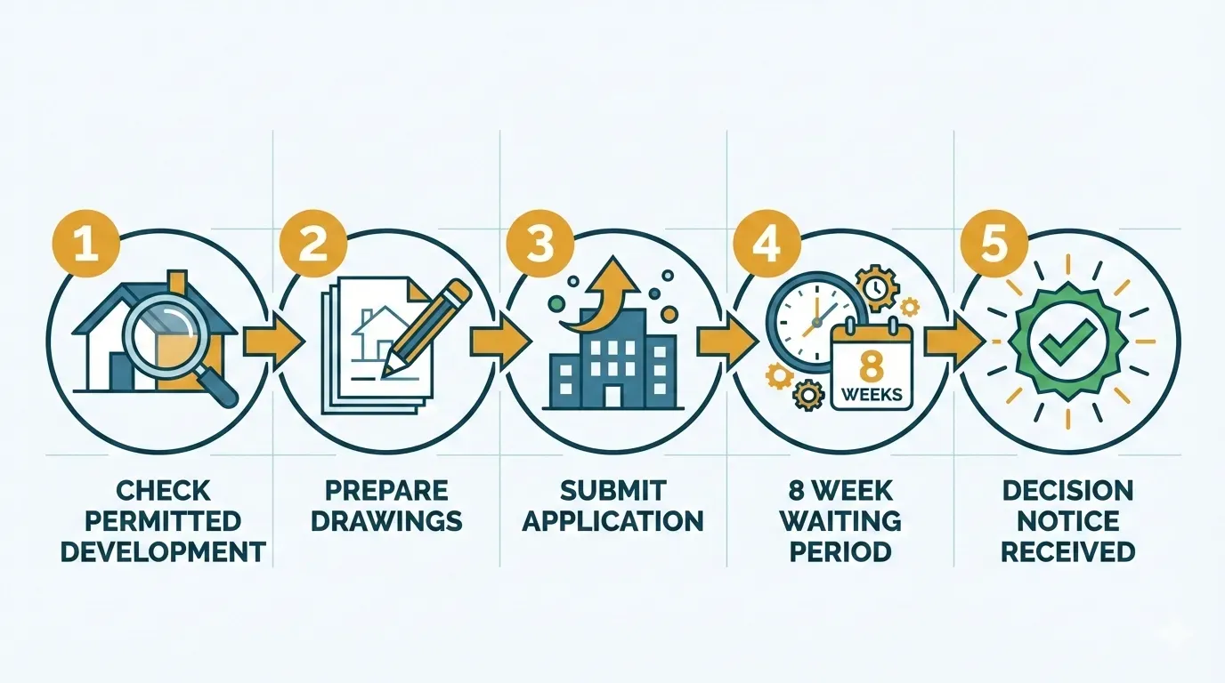 Five-step planning permission process: check permitted development, prepare drawings, submit application, 8-week waiting period, decision notice received