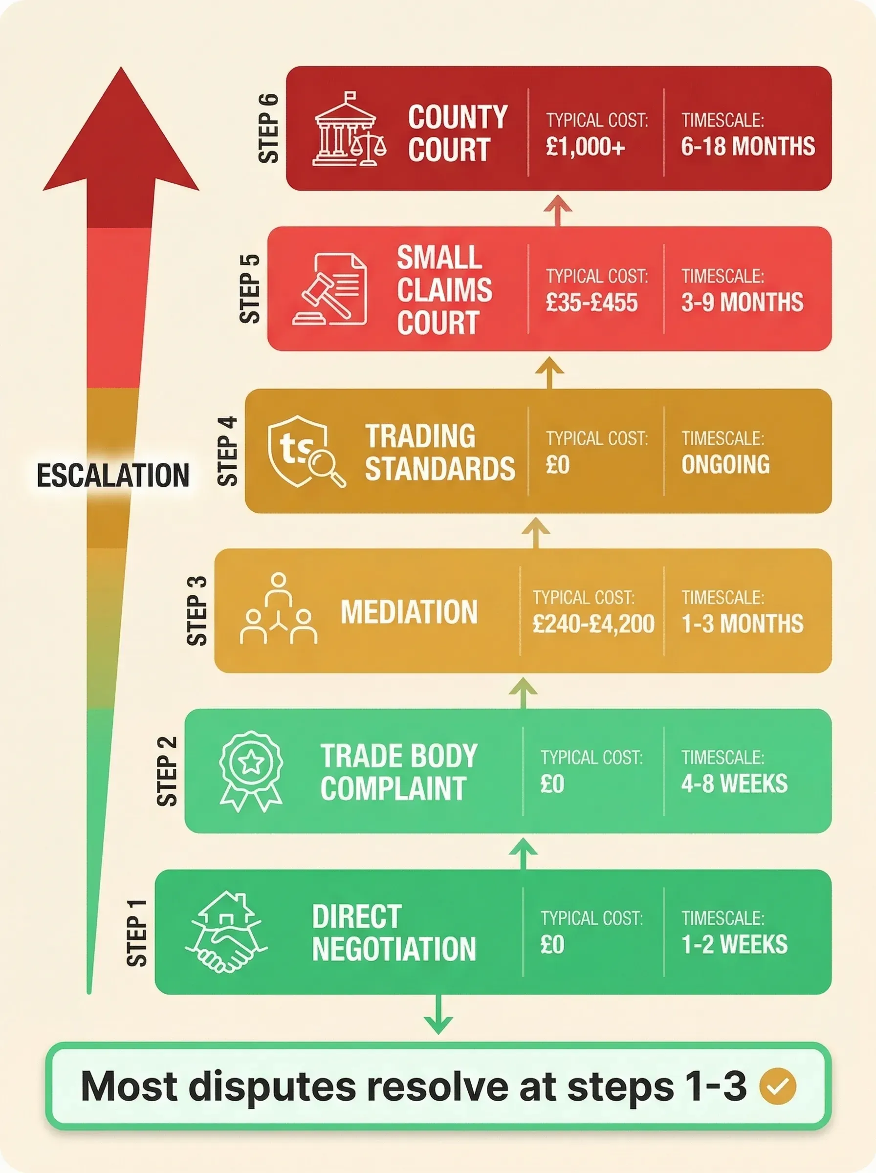 Dispute escalation ladder showing six resolution steps from direct negotiation through to county court, with costs and timescales at each level