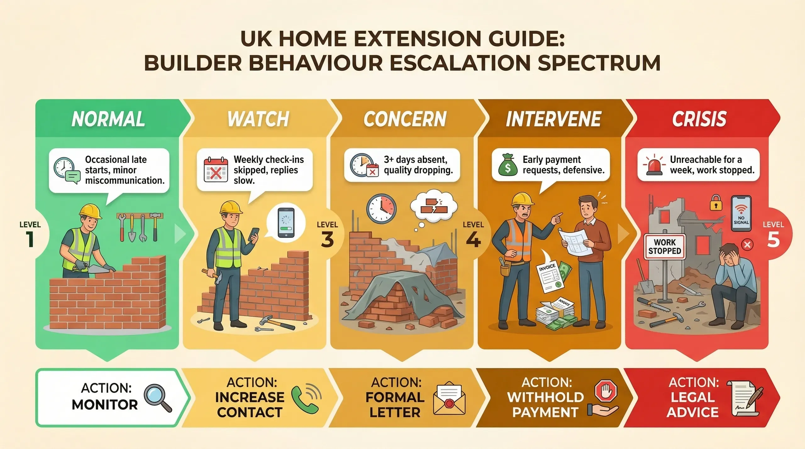 Escalation spectrum showing five levels of builder behaviour from normal friction to crisis, with recommended homeowner actions at each stage