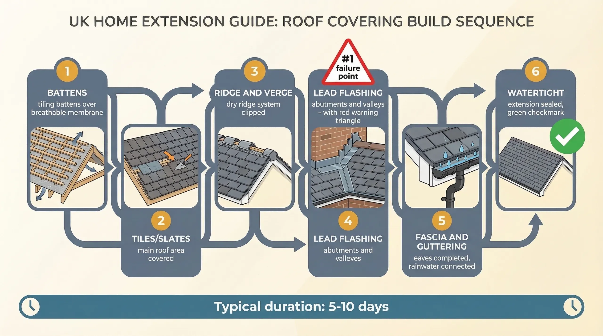 Process infographic showing the roof covering build sequence from breathable membrane through battens, tiles, ridge, flashing, fascia, soffit and guttering, with the extension becoming watertight at each stage