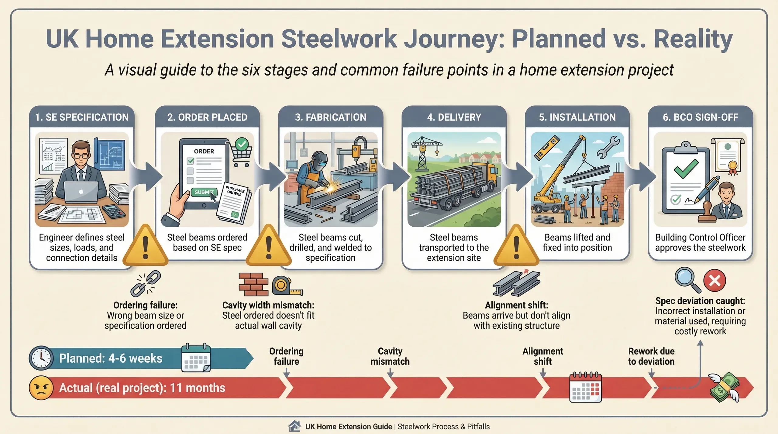 Process infographic showing the steelwork journey from structural engineer specification through fabrication, delivery, and installation, with common failure points highlighted at each stage